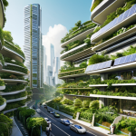 **Prompt:** A bustling, futuristic cityscape powered by green energy, with electric vehicles and sustainable architecture integrating seamlessly into a vibrant ecosystem. Emphasize a sense of innovation and economic prosperity driven by environmental consciousness, showcasing solar panels on buildings and lush vertical gardens. The image should convey a positive and transformative future where technology and nature coexist harmoniously.