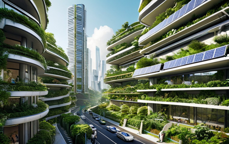 **Prompt:** A bustling, futuristic cityscape powered by green energy, with electric vehicles and sustainable architecture integrating seamlessly into a vibrant ecosystem. Emphasize a sense of innovation and economic prosperity driven by environmental consciousness, showcasing solar panels on buildings and lush vertical gardens. The image should convey a positive and transformative future where technology and nature coexist harmoniously.
