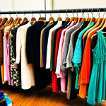 **Image Prompt:** A visually appealing display in a thrift store featuring a diverse selection of gently used clothing, showcasing the concept of sustainable fashion and affordable style. Focus on bright colors and a welcoming atmosphere.