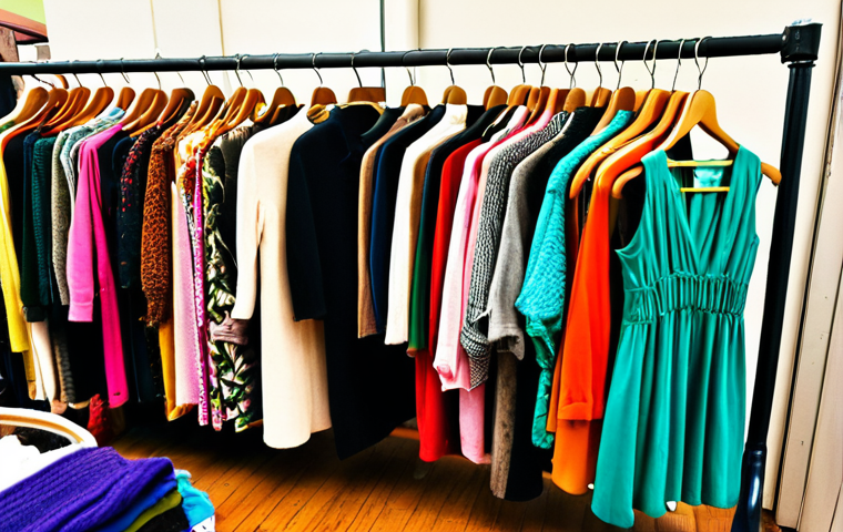 **Image Prompt:** A visually appealing display in a thrift store featuring a diverse selection of gently used clothing, showcasing the concept of sustainable fashion and affordable style. Focus on bright colors and a welcoming atmosphere.